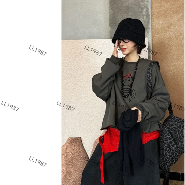 HY罗罗【眼镜刺绣小猫】秋冬童趣百搭加绒短款卫衣设计师款时尚百搭