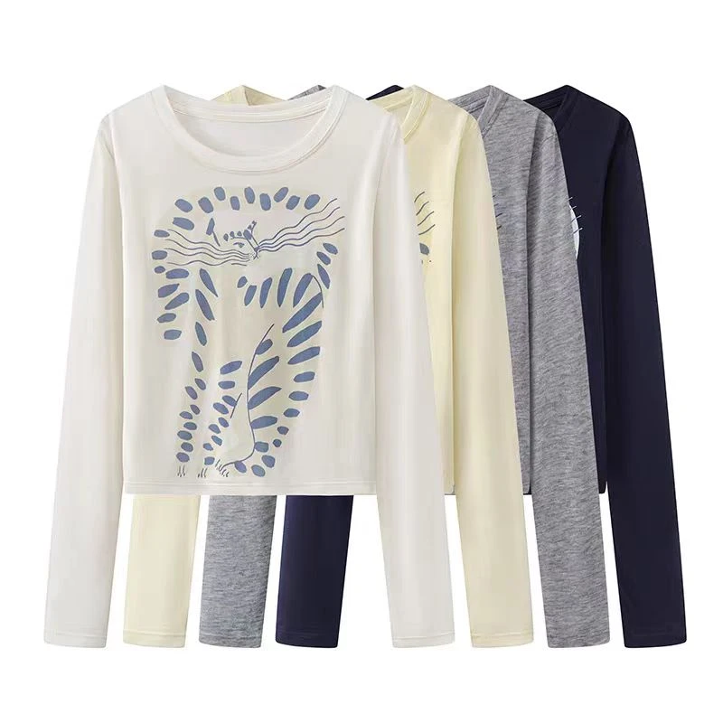 【翘尾小猫】新品小猫印花长袖T恤宽松慵懒风短款罩衫.D0006