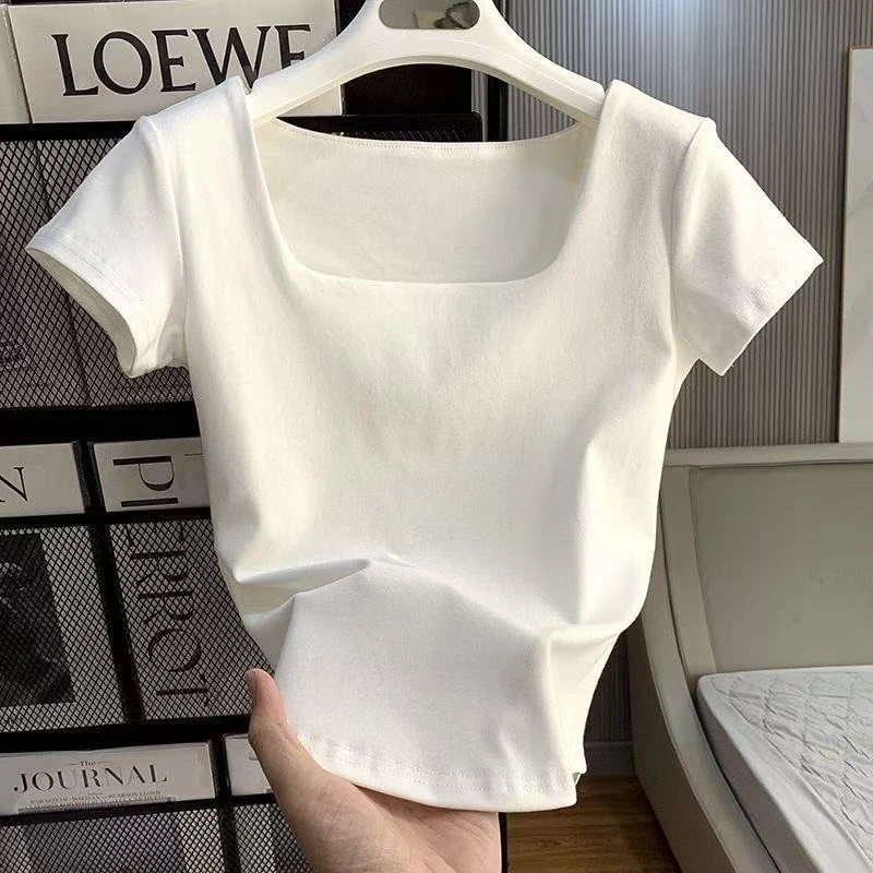 方领锁骨短袖t恤女2025夏季新款内搭修身显瘦洋气设计感打底上衣