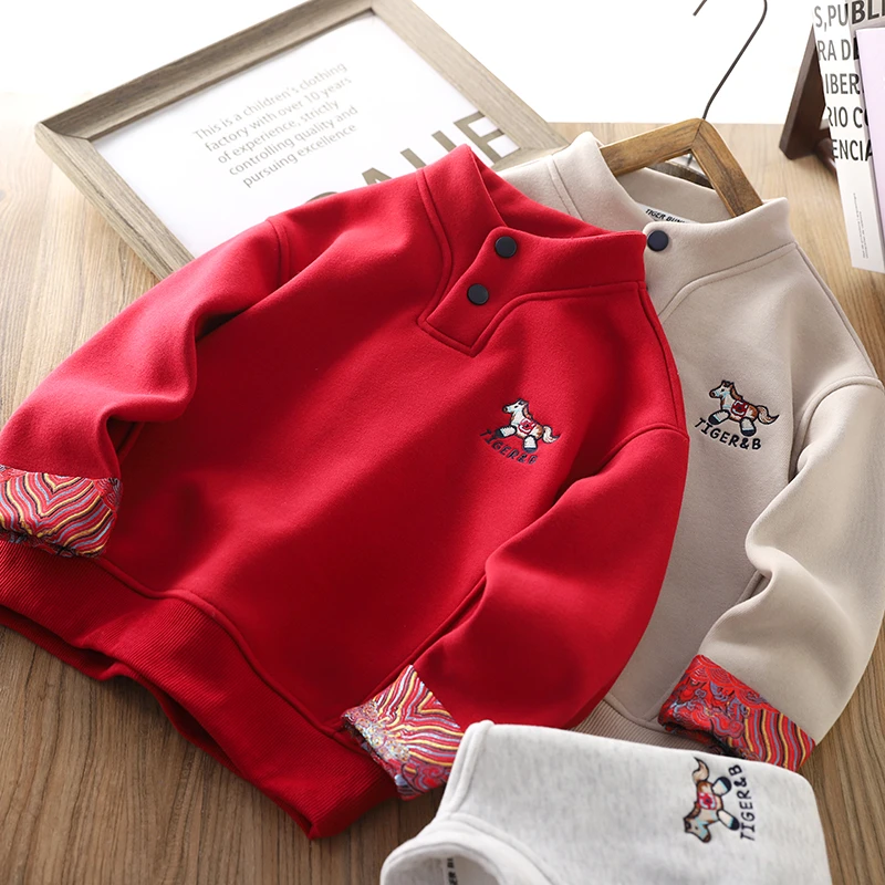 男童加绒卫衣2025冬季新款儿童一体绒加厚保暖拜年服中大童装上衣