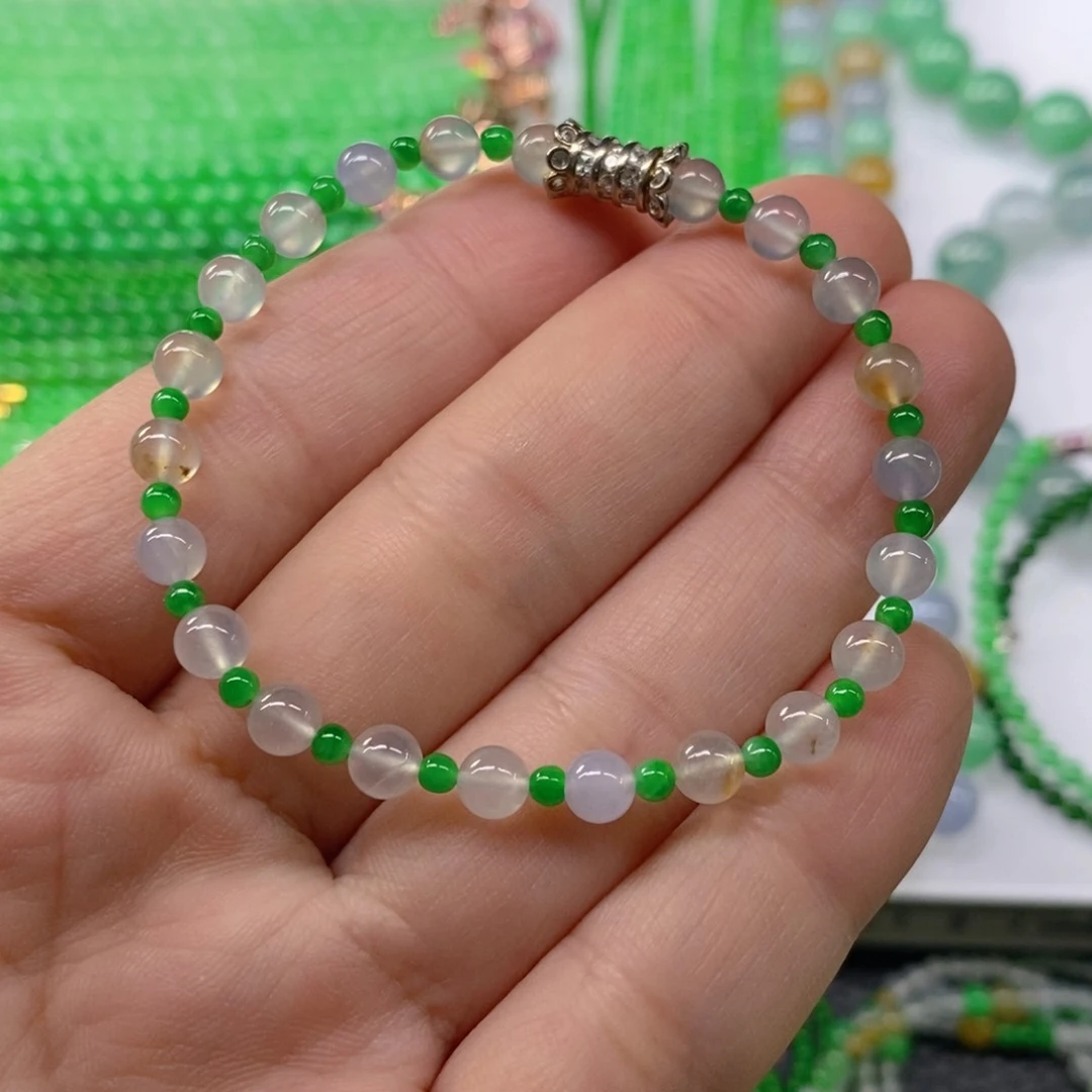 翡翠未镶嵌颈饰缅甸天然翡翠玻璃种双彩手链5