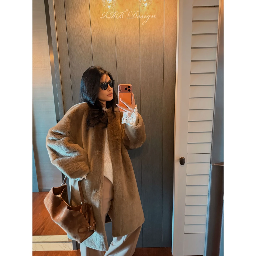 RRB Design「温暖麦棕」进口美利奴皮毛一体圆领直身皮草外套