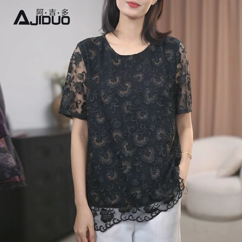 A33090阿吉多重工刺绣短袖衬衫女士夏季新款高档气质小衫圆领上衣