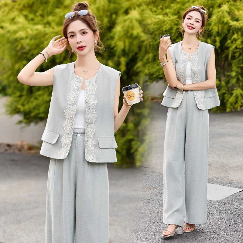 小香风蕾丝拼接马甲套装女2025年夏季新款名媛风气质阔腿裤三件套