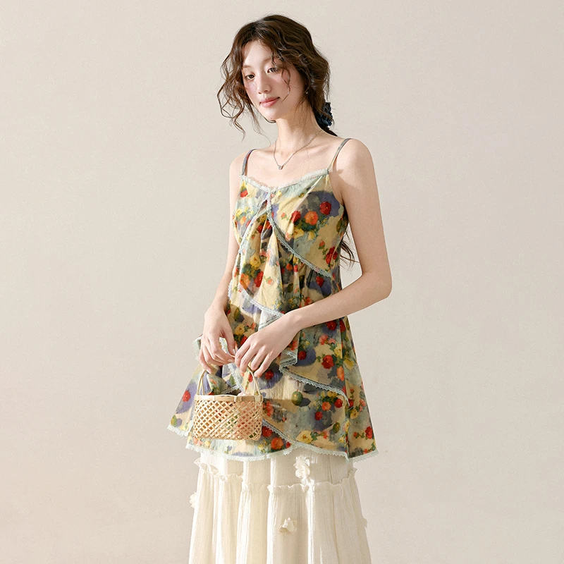 三寸藕【雾黄游园】夏季新款碎花吊带背心漂亮独特小众上衣L251331