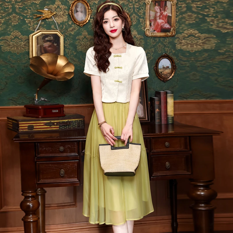 【两件套】上衣半身裙套装2025夏季新款套装时尚中国风盘扣新中式