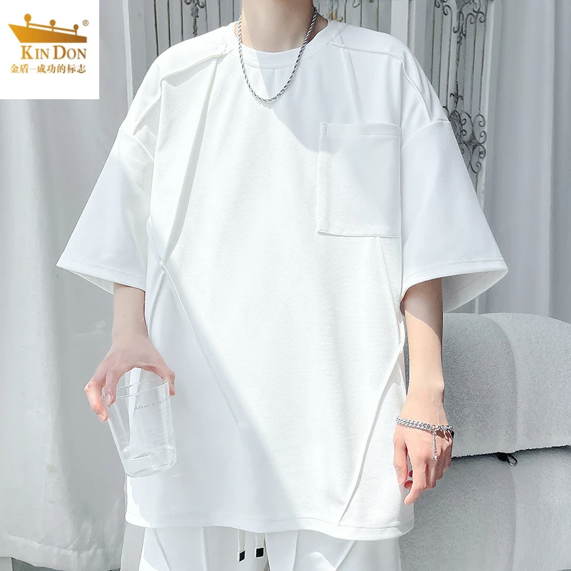 金盾男士夏纯色百搭五分袖宽松设计感潮牌短袖T恤男休闲情侣夏季