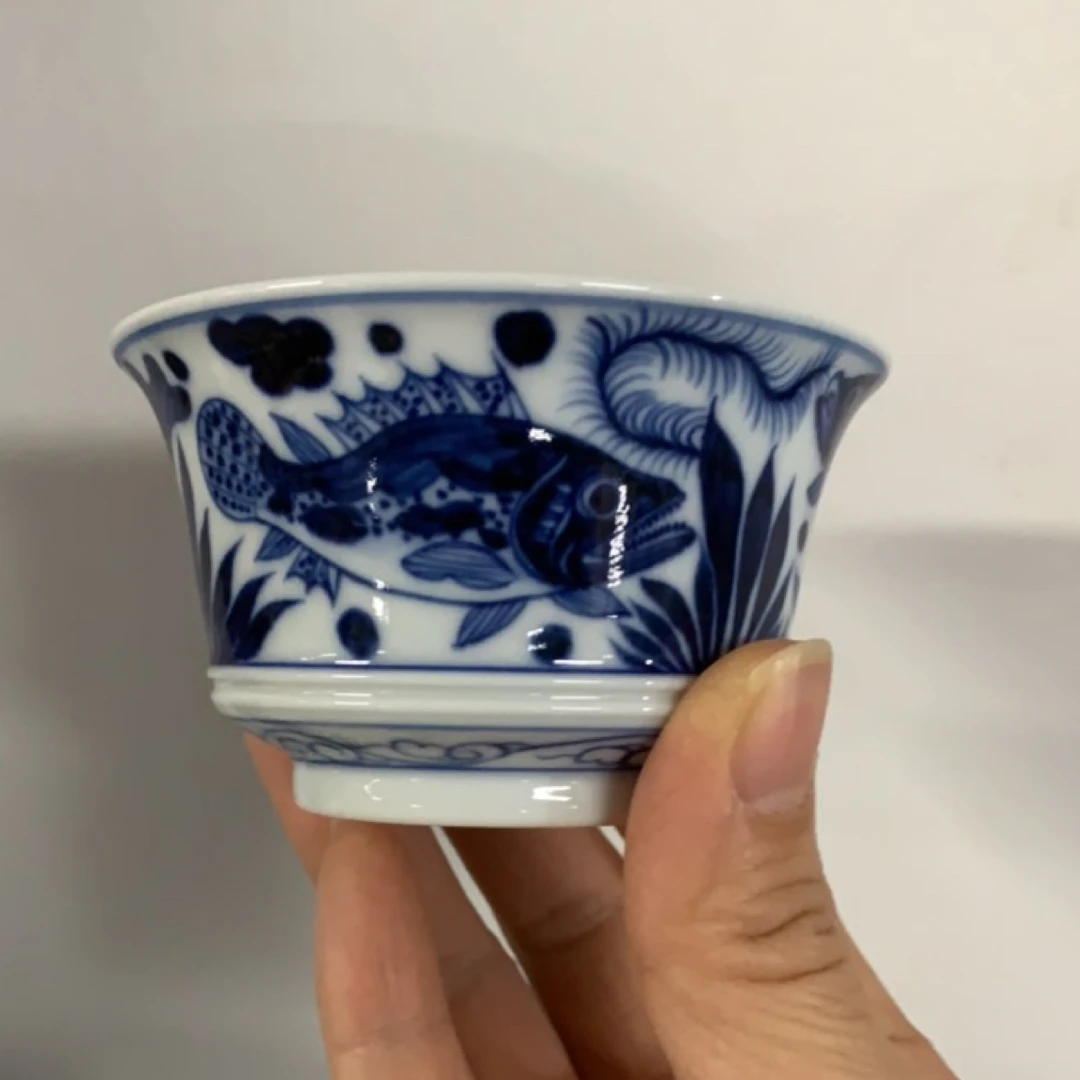 宋墨山房气窑鱼藻马蹄杯现代瓷微瑕