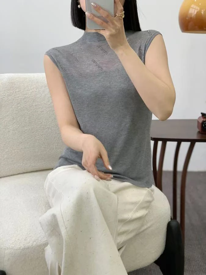 天丝背心无袖修身型烫钻字母T恤女士时尚百搭针织气质小衫纯色