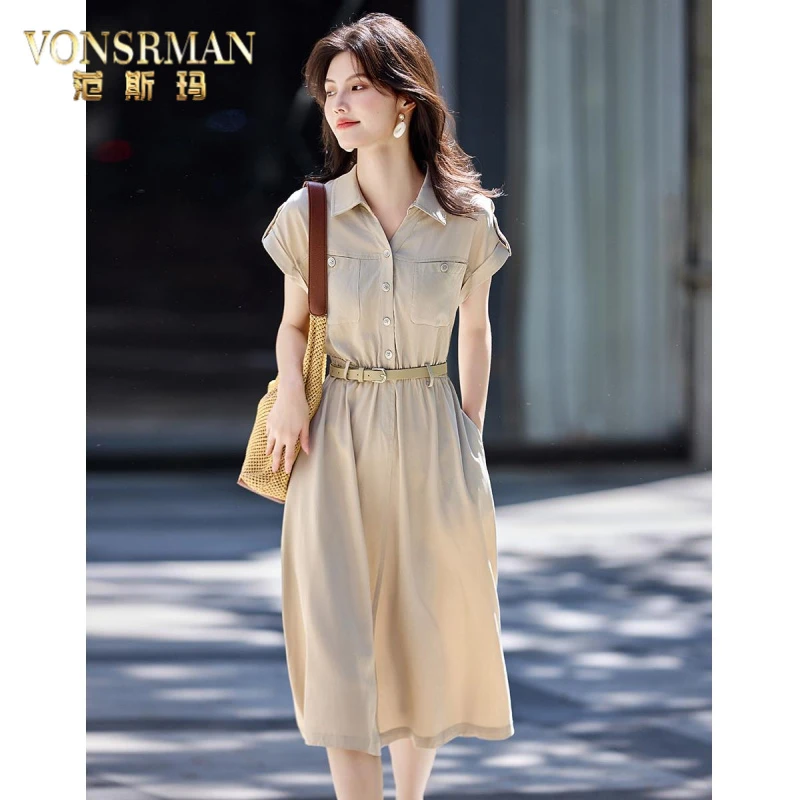 VONSRMAN休闲感时尚衬衫连衣裙女夏2025新款收腰显瘦衬衫裙小个子