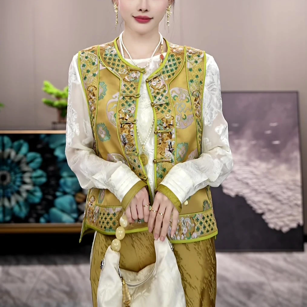 春夏中国风桑蚕丝时尚刺绣气质简约百搭宽松洋气减龄显瘦上衣马甲