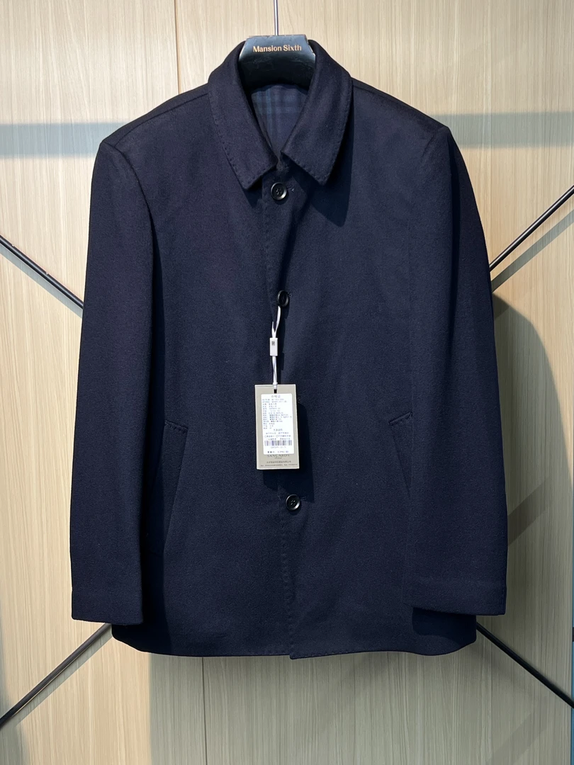 翻领行政款羊毛大衣明扣圣吉卡丹秋冬毛呢藏青色