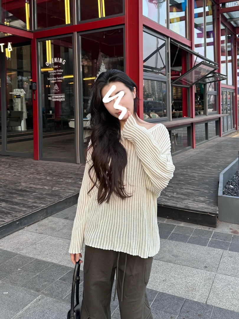 春季三色纸片人坑条微透视慵懒毛衣宽松显瘦镂空长袖上衣