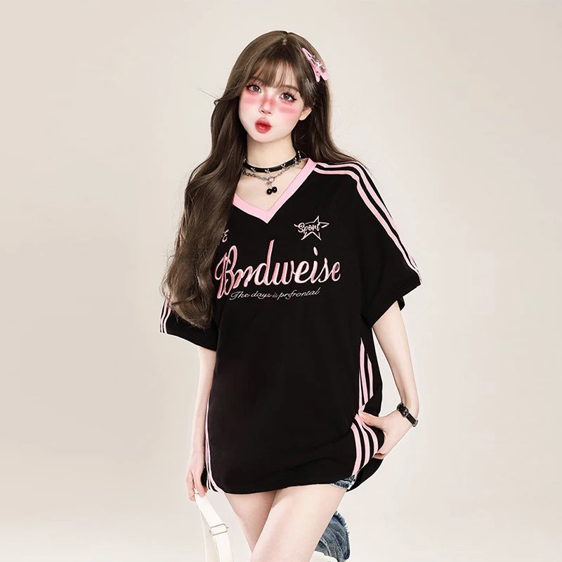 韩系穿搭纯棉V领短袖t恤女夏季美式chic撞色条纹宽松百搭半袖上衣