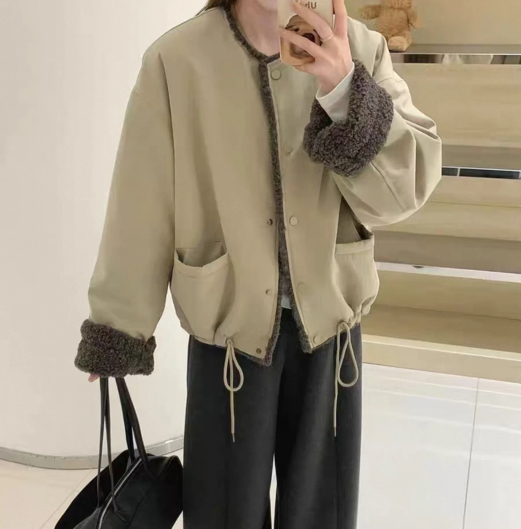 【150斤内专属】圆领内羔毛下摆抽绳棉服外套百搭简约拼接圆领韩版