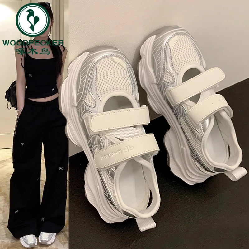 啄木鸟包头运动魔术贴厚底凉鞋女2025夏季新款百搭老爹鞋镂空透气