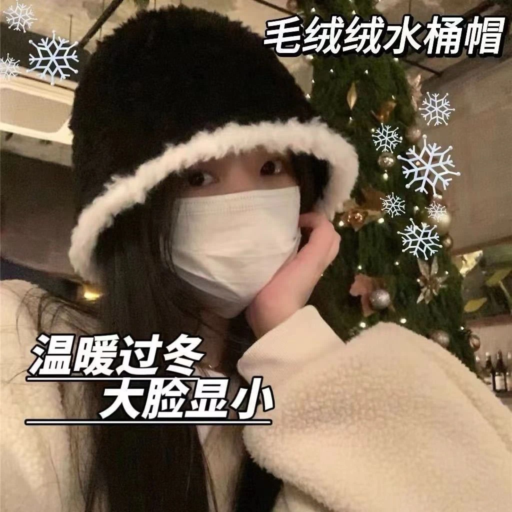 2025年爆款毛绒水桶帽显脸休闲风大头围帽子女秋冬白色兔毛渔夫帽