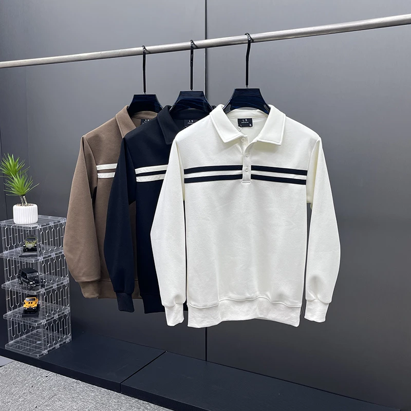 2025秋季新款男士时尚潮流翻领polo衫长袖宽条纹小众百搭休闲卫衣