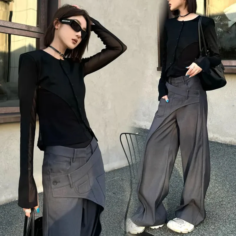 圆领修身显瘦长袖辣妹上衣2025秋季新款设计师款微透蕾丝拼接T恤