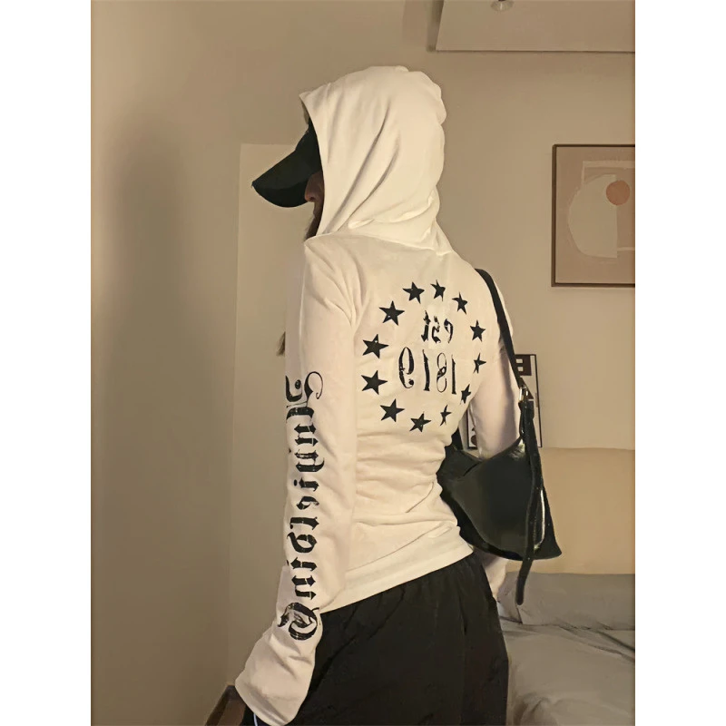 长袖印花t恤美式连帽女春秋修身甜辣妹防晒罩衫打底潮牌朋克上衣