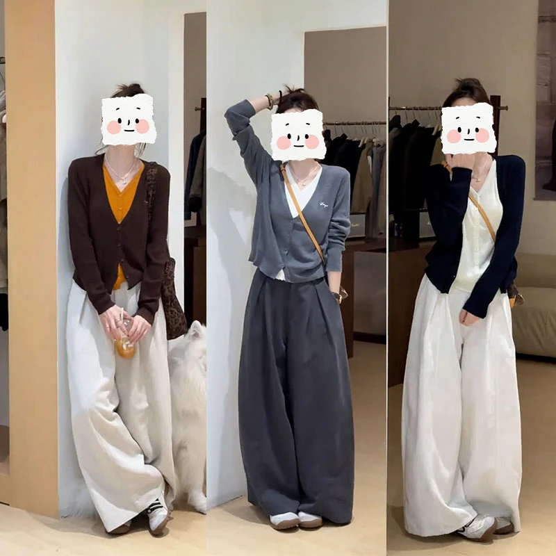 秋季新款减龄时尚套装女撞色假两件针织上衣休闲阔腿裤百搭两件套