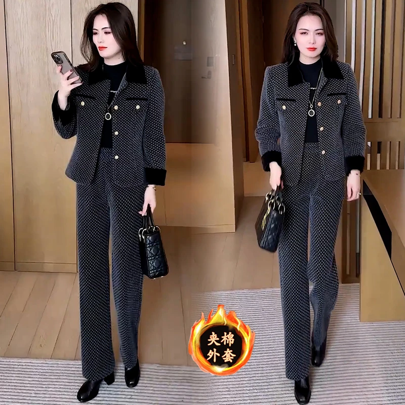 小香风时尚套装女2025冬季新款洋气质显瘦夹棉短外套阔腿裤两件套