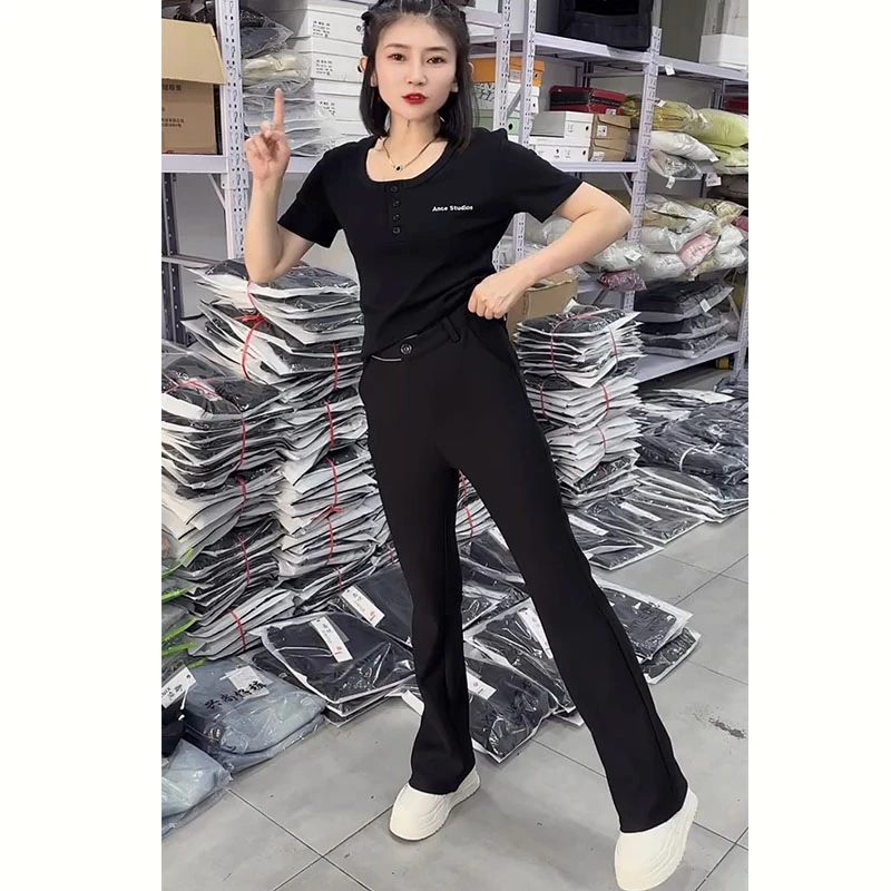 欧货字母腰微喇西装裤2025春季新款高腰修身显瘦时尚休闲百搭长裤