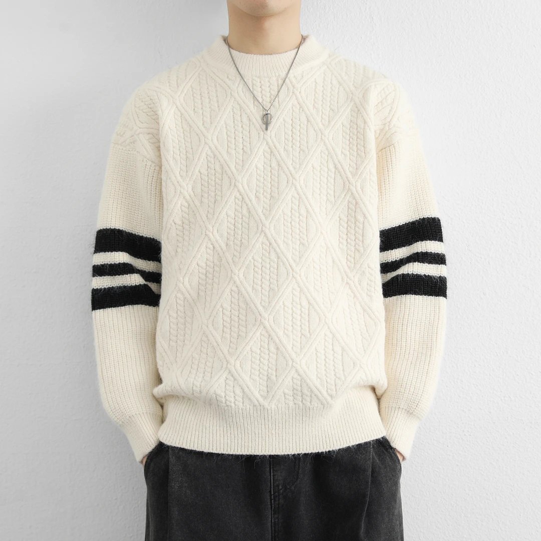 冬季新款圆领针织衫男装潮牌穿搭毛衣衣青少年菱格加厚保暖线衣服