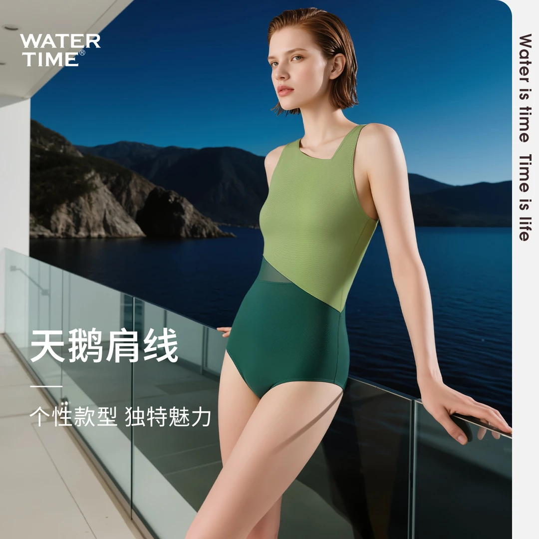 WaterTime泳衣女新款游泳馆专用连体三角温泉微胖海边竞速游泳衣