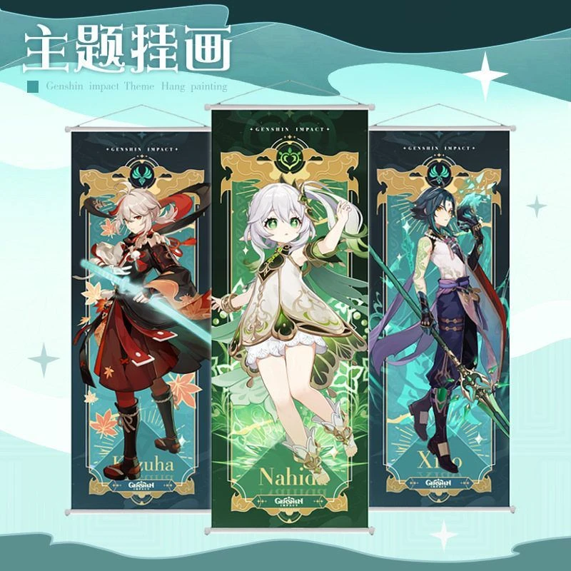 MY挂画桃皮绒卷轴布画芙宁娜散兵流浪者胡桃二次元动漫周边谷子