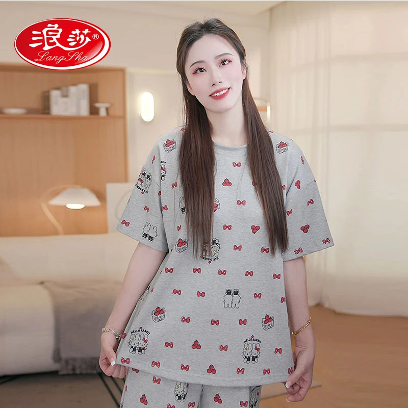 浪莎品牌浪莎三件套七分裤睡衣女款夏季简约休闲卡通家居服LS