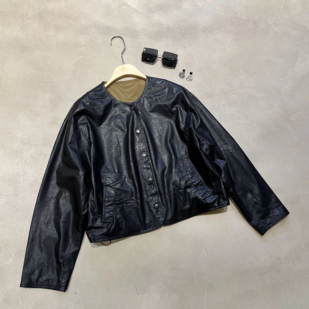 Li Wang/里望2025设计师款春季上新 自由旅者羊皮圆领时尚款外套