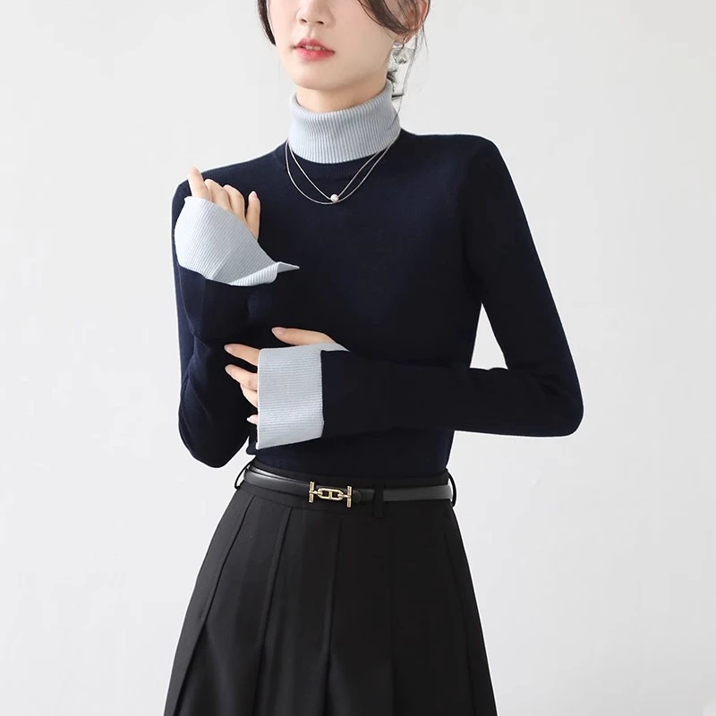 小众设计感拼色高领针织衫女2024秋冬假两件喇叭袖修身内搭打底衫