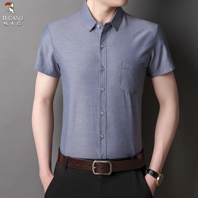 啄木鸟春夏新款男衬衫短袖日常纯色简约轻奢高端大气时尚舒适
