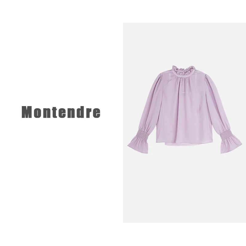 【六哥家】 春季新款 I 长袖喇叭袖气质荷叶边纯色衬衫