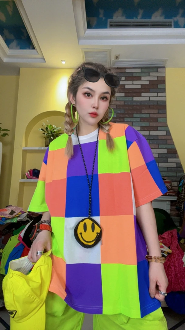 【蓉姐推荐】夏季七彩格染色耐磨短袖圆领T恤印花宽松休闲时尚