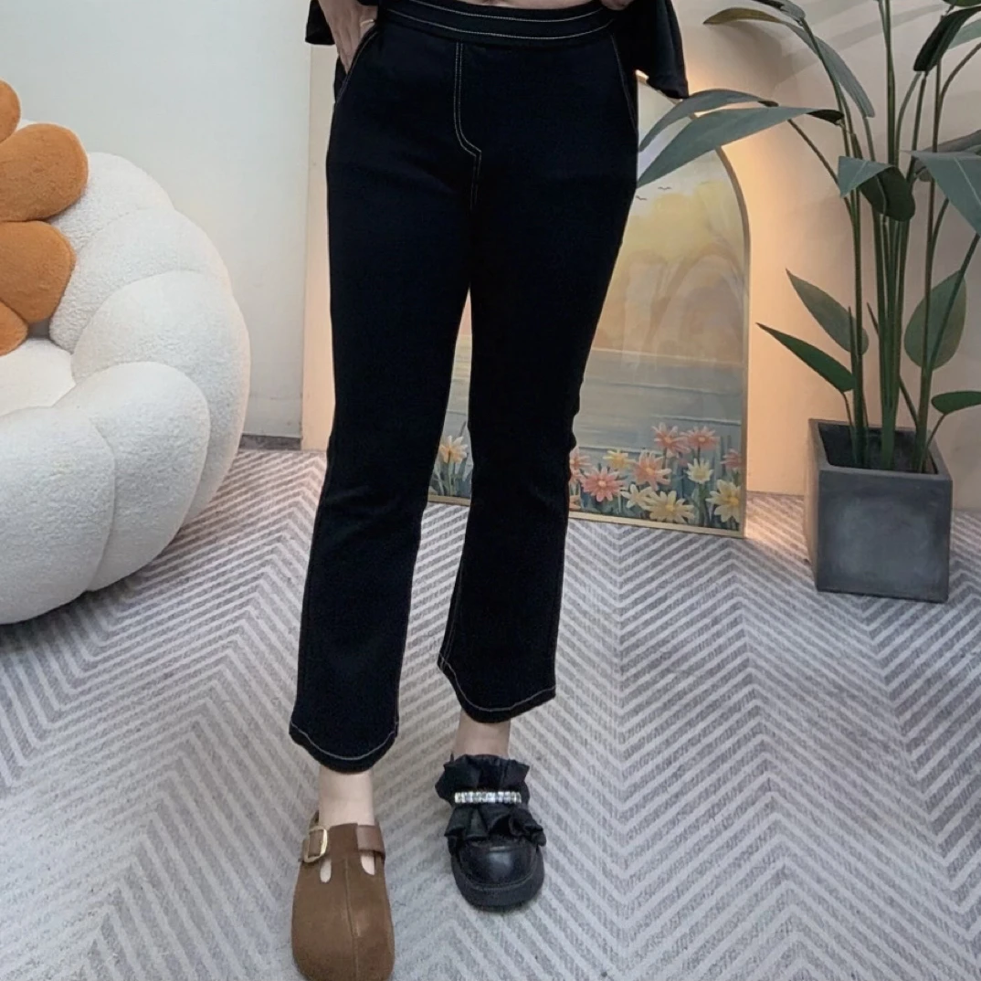 小爽家^_^秋季高腰高弹明线黑色舒适显瘦百搭时尚直筒微喇裤