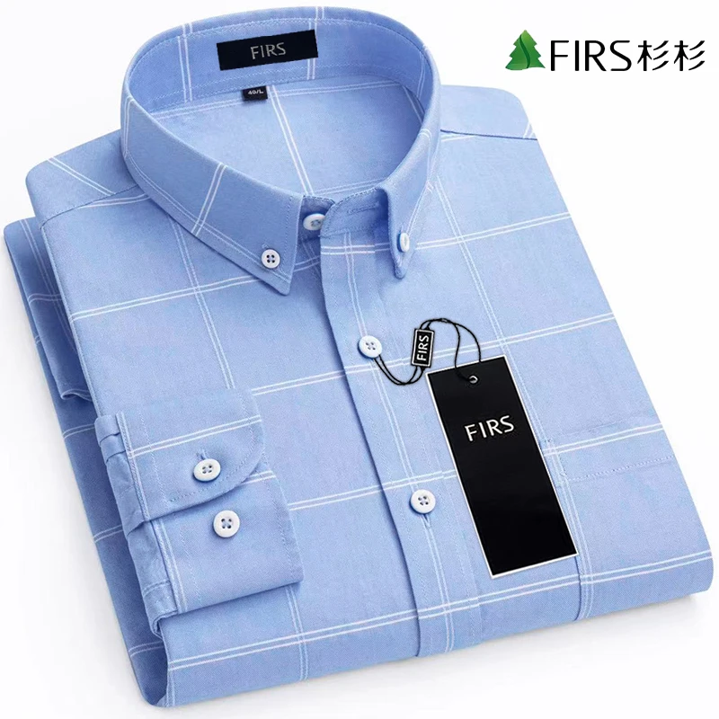 杉杉纯棉牛津纺男士秋季格子长袖衬衫商务休闲正装修身衬衣男款