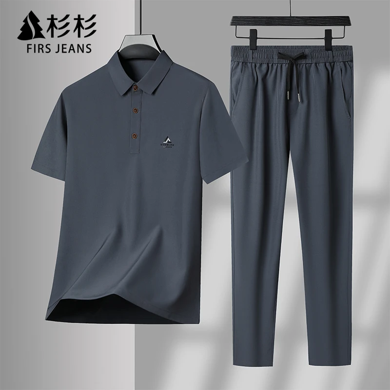 FIRS JEANS夏季冰丝POLO衫男士休闲运动两件套装中年爸爸短袖T恤
