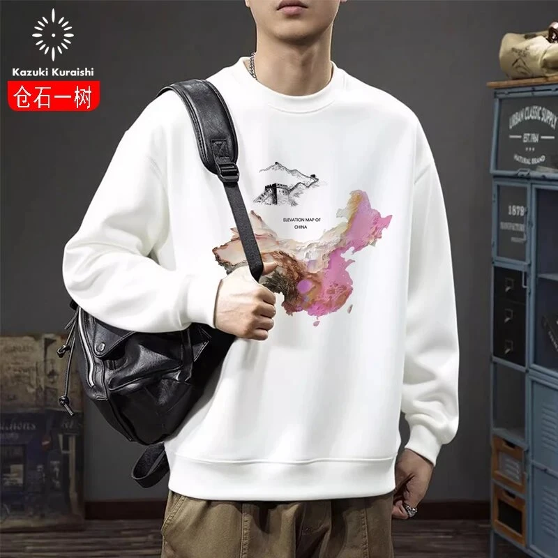 仓石一树潮流圆领卫衣男士秋冬新款创意地图印花国潮长袖加绒体恤