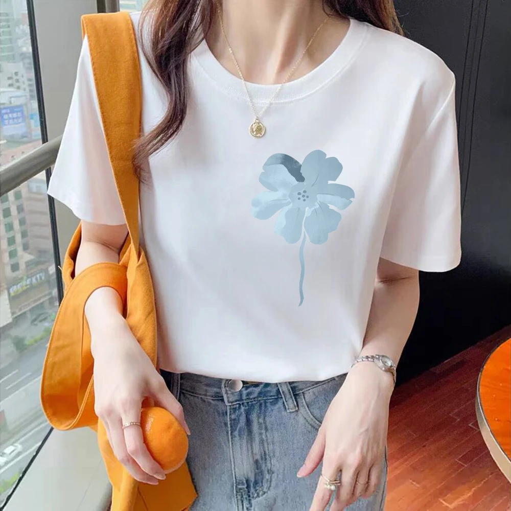 蓝色花 夏季印花短款显瘦百搭设计感小众设计师t恤