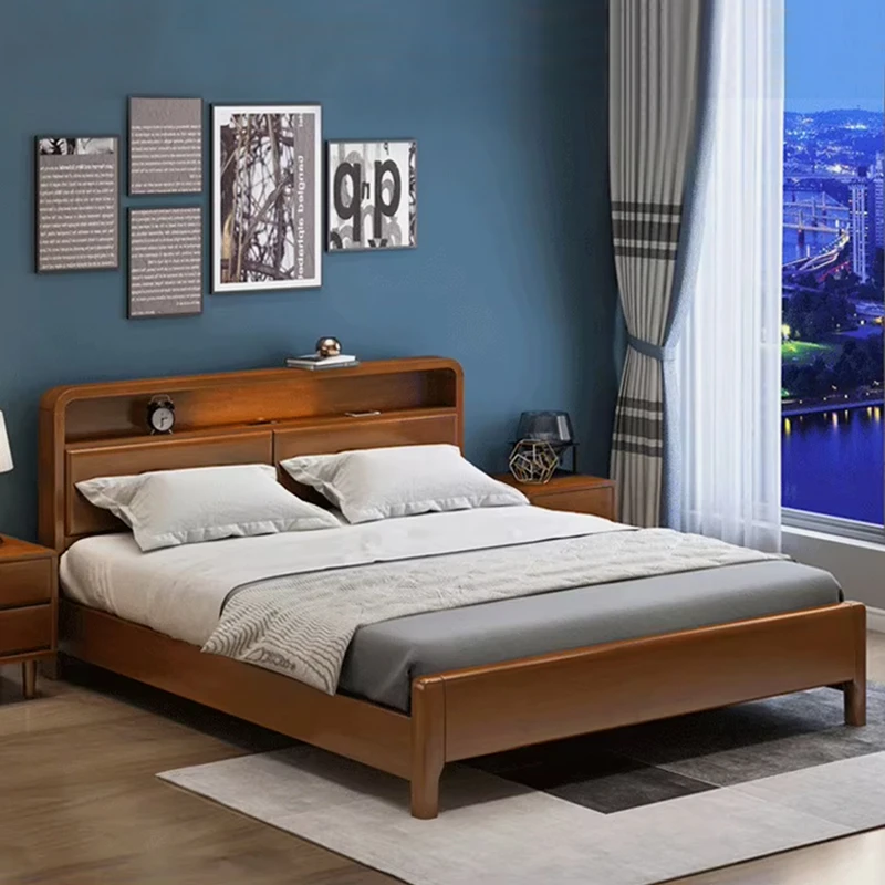 北欧实木床现代简约主卧床带夜灯可充电双人床