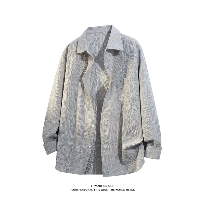 肌理感泡泡纱衬衫男高级感韩系穿搭痞帅上衣秋季潮流宽松长袖衬衣