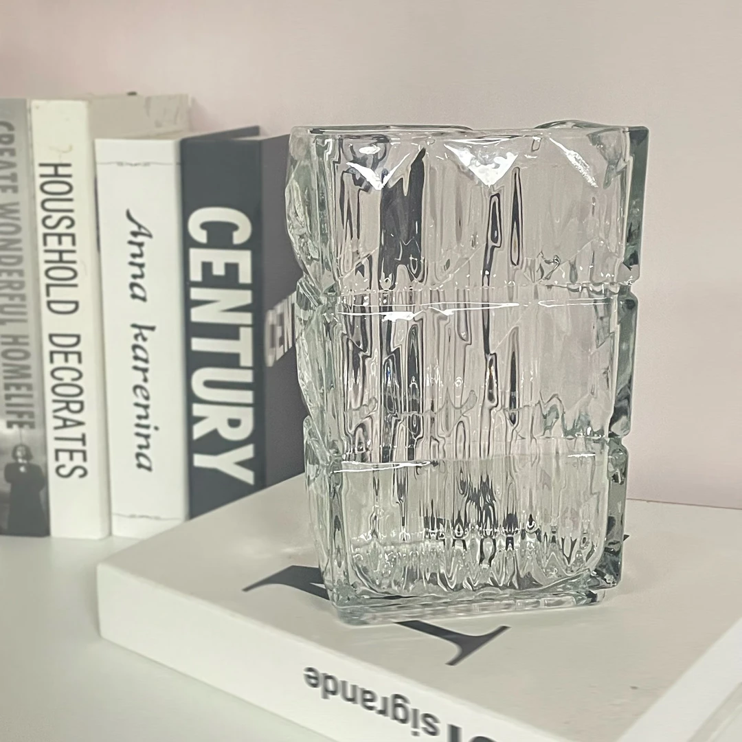 极简主义 卢梭风格方形透明玻璃花瓶 现代插花器 家居装饰摆件