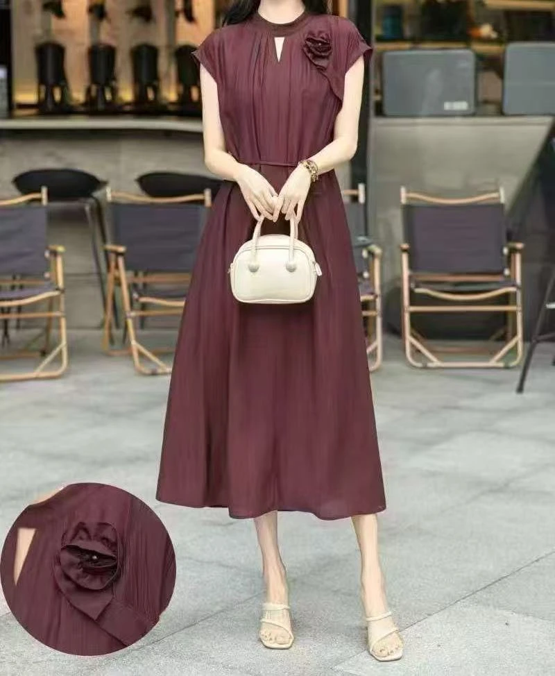 T1563系带高腰褶皱连袖夏季套头连衣裙中长款时尚女装长裙