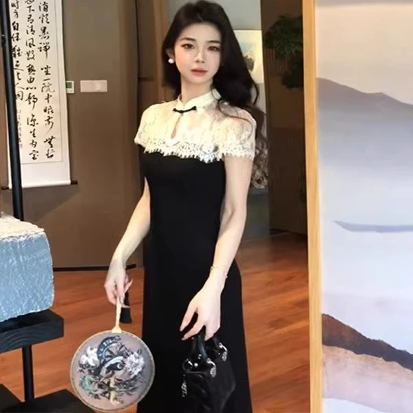 夏季新款新中式蕾丝拼接连衣裙女针织收腰拼接长裙子轻奢修身显瘦