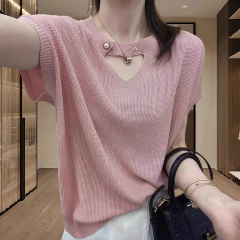 镂空冰丝正肩短袖针织T恤女夏季小众设计感宽松显瘦法式体恤上衣