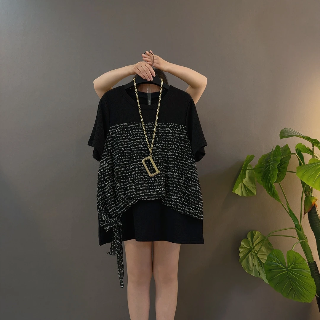 宽松杂志风圆领印花常规街头T恤大码假两件百搭拼接雪纺衫