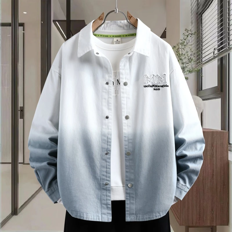 潮牌青少年高品质牛仔衬衫夹克渐变色时尚宽松男生个性百搭款外套