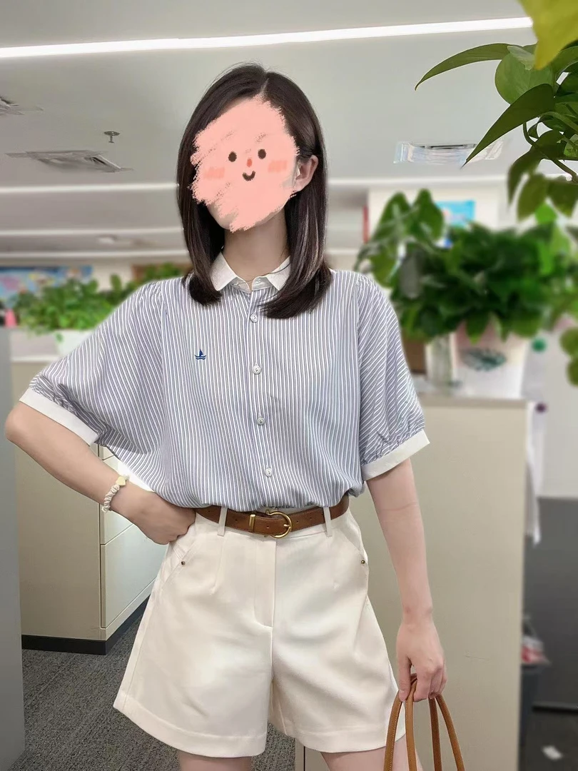 【云淡风轻】夏季轻职风条纹衬衫上衣短袖遮肉显瘦白色短裤两件套装